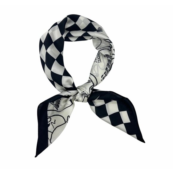 ⭐Luxury Silky Square Scarf Bandana Abstract Checkered BLACK WHITE Modern Art New - Picture 4 of 8